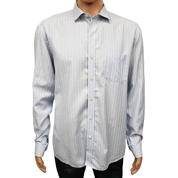 JOHNSTON & MURPHY Dress Shirt XL Contrast Flip Cuff Neck Blue White Striped L/S - Picture 2 of 14